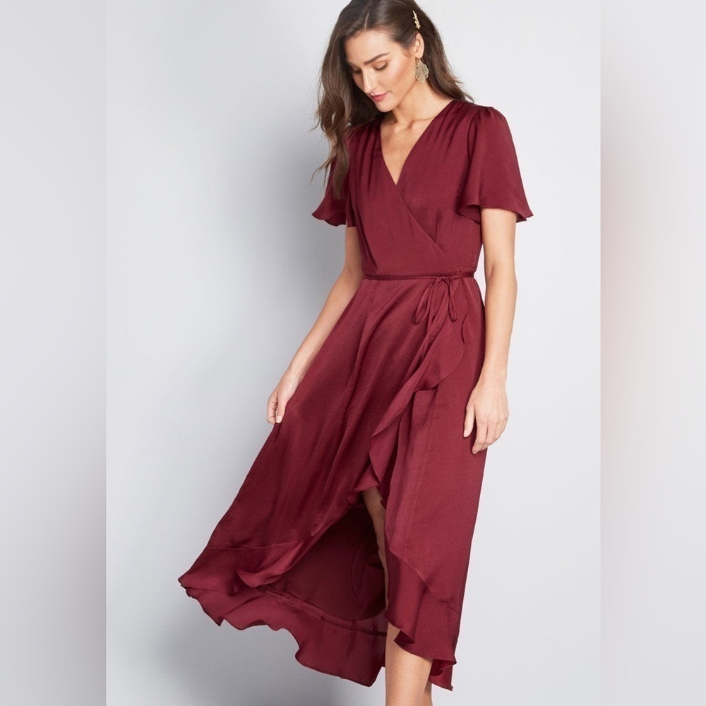 ModCloth Satin Maxi Wrap Dress Sz XS Burgundy - Oxblood